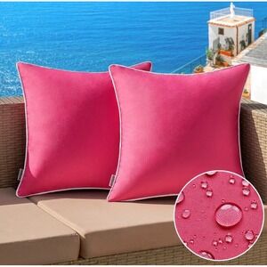 2 Pack Hot Pink Outdoor Waterproof Pillow Covers 18x18 White Piping Hidden Zip